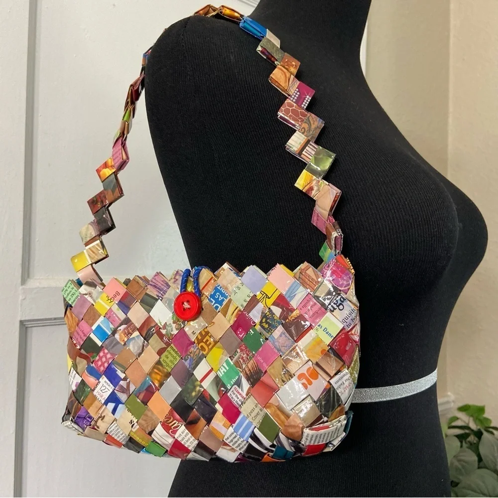 Two Recycled Colorful Woven Wrapper Bags- One Big & One Small Handbag - Picture 4 of 16